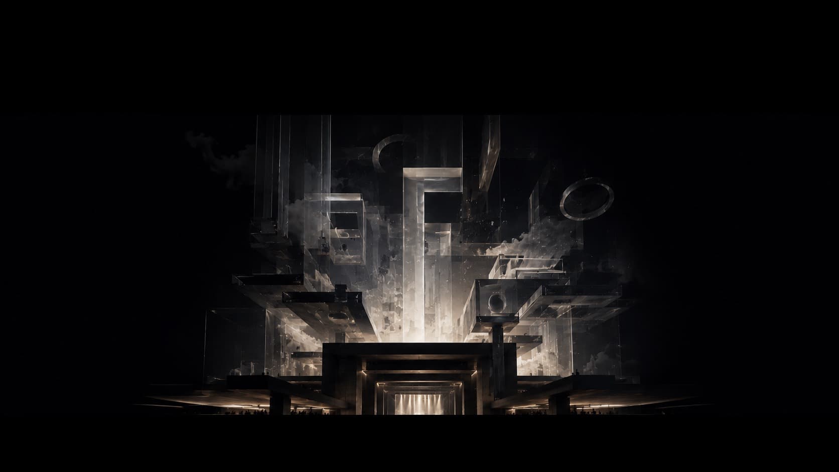 Monumental architecture of light rising above a venue